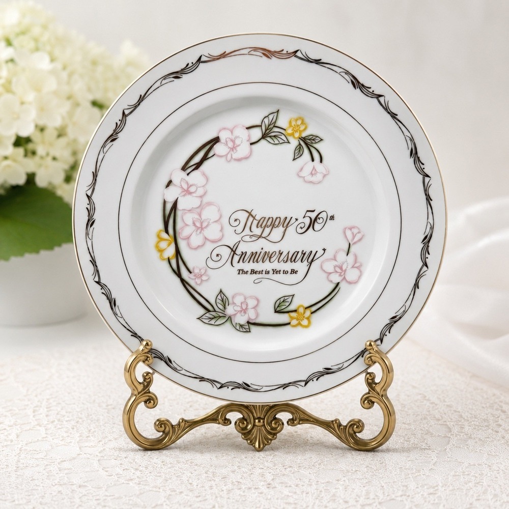 Vintage 50th Anniversary Plate Japan White Floral Gold Trim 10.5" Excellent cond
